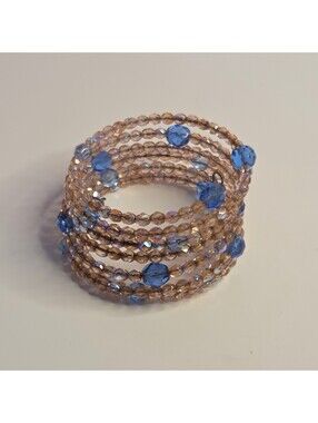 Blue and Tan Gold Crystal Beaded Bracelet on Memory Wire
